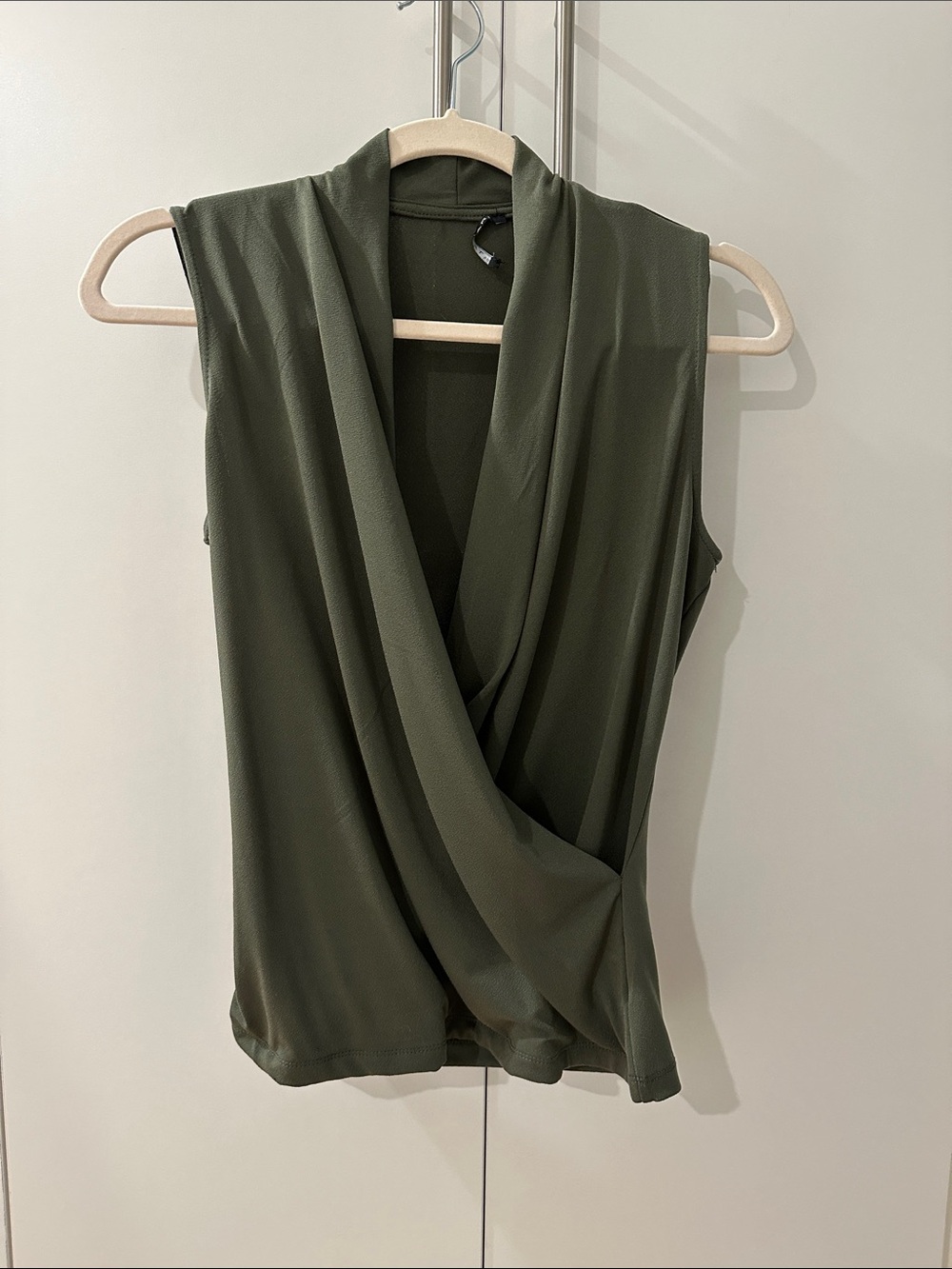Worn twice. T Tahari Olive Green Draped Surplice Sleeveless Top